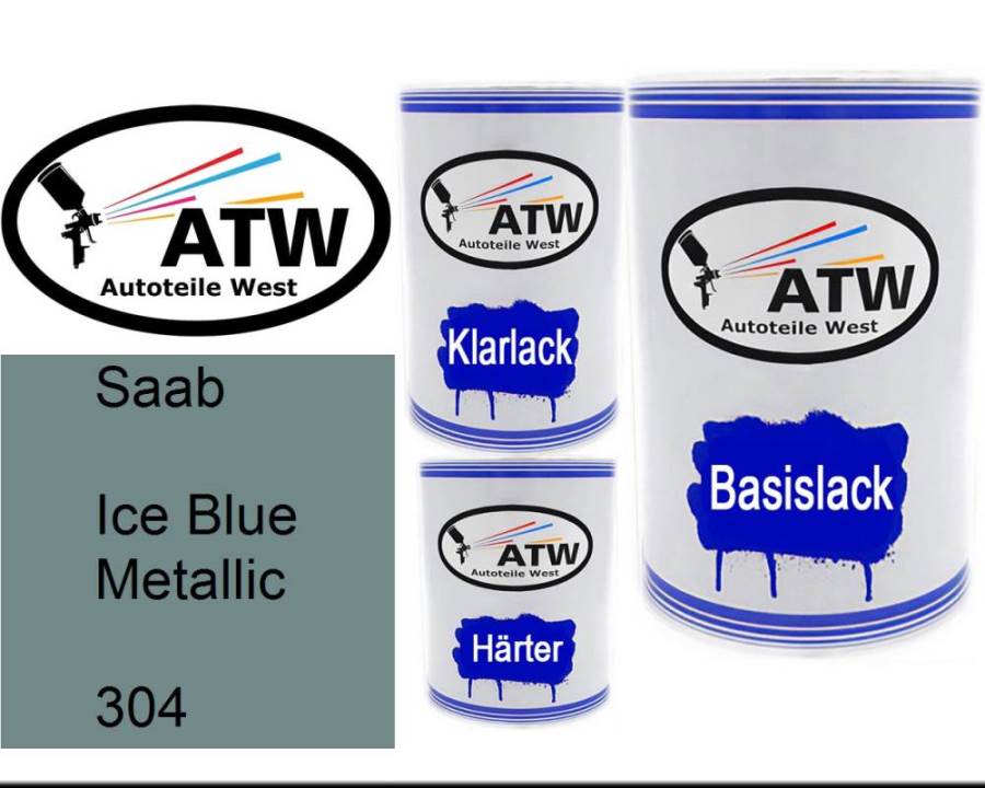Saab, Ice Blue Metallic, 304: 500ml Lackdose + 500ml Klarlack + 250ml Härter - Set, von ATW Autoteile West.